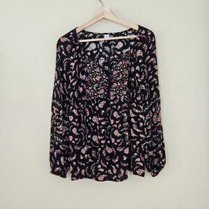 Old Navy Top Women M Black Floral Paisley Puff Sleeves Tassels Boho Whimsigoth
